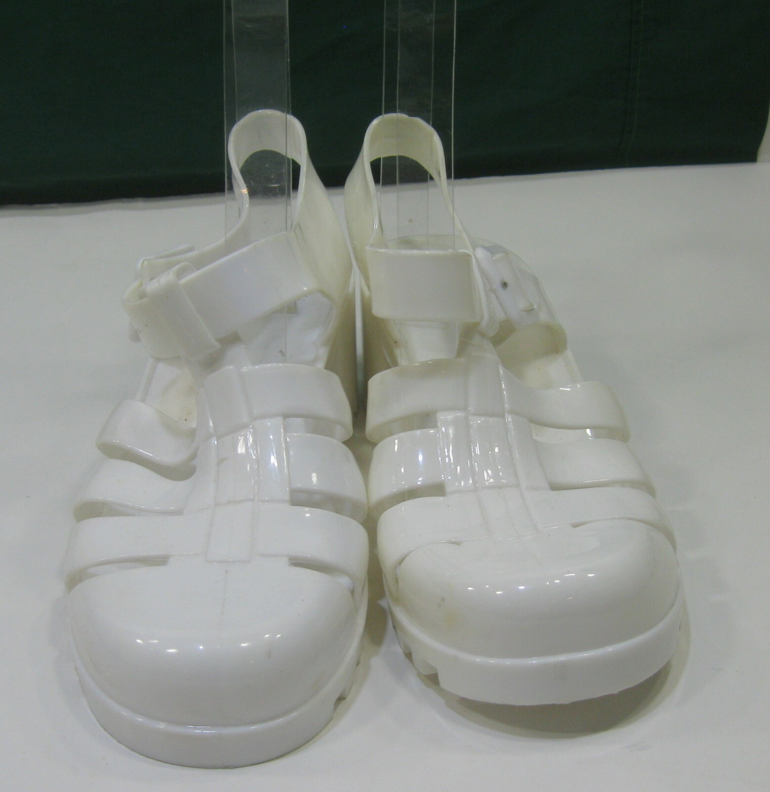 white jelly block heels