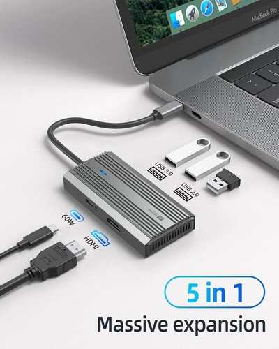 USB C Hub 5-in-1 Adapter hub with HDMI, USB 3.0, and USB C charging ports - Picture 2 of 7