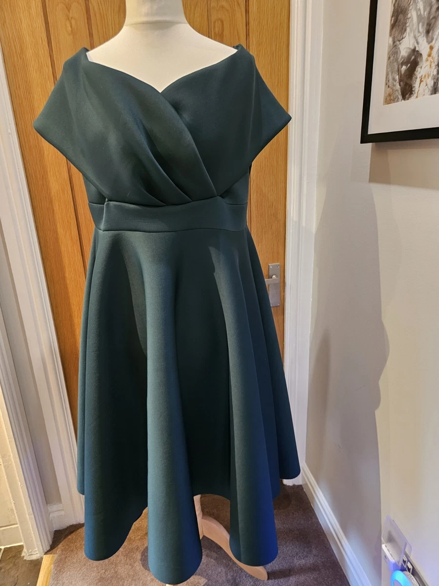asos design fallen shoulder prom dress with tie detail ASOS DESIGN Bare Shoulder Prom Scuba Midi Dress In Forest Green main image 0
