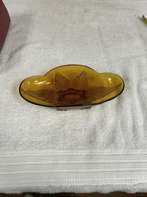 Indiana Glass Co Vintage Oval Amber Cut Beaded Leaf Design Candy Celery Dish