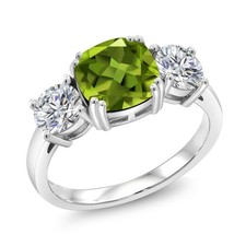 Peridot Cushion Cut 7.00mm 3 Stone Ring 925 Sterling Silver Engagement Gift