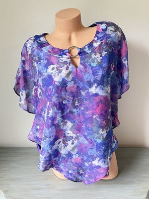 STUDIO WORKS Blouse Women's Size Large L Layered Flutter Sleeves floral Purple