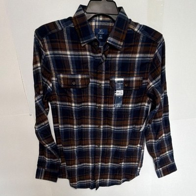 George Regular Fit Flannel Button-Up Shirt Plaid Blue Brown White Long Sleeve XS