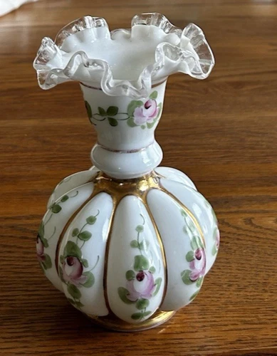FENTON CHARLETON AWCO MELON VASE SILVER CREST ROSES & GOLD VINTAGE 6 1/4" 1940s
