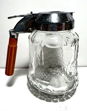 Syrup Pitcher; Heavy, Pressed; Ribbed; Bakelite Handle; Pineapple Pattern (38)