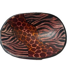 9.5  x7" African Hand-Carved Giraffe Print Wood Bowl  Tribal Safari Decor Kenya