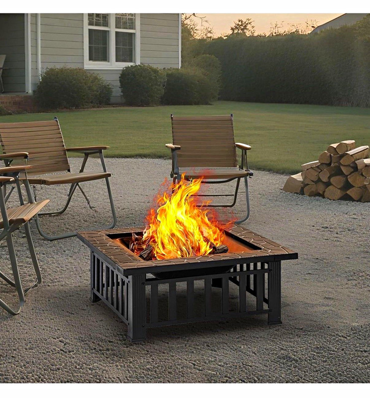 Square Black Metal Outdoor Wood Fire Pit w/ Mesh Spark Screen Lid & Log Grate