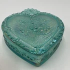 VTG Fenton Aqua Carnival Glass Heart Trinket Box Wild Strawberry Pattern