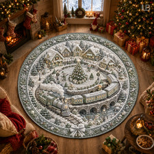 Christmas Tree Skirt Winter Village Train Snowflake Holiday Home Decor Round Mat
