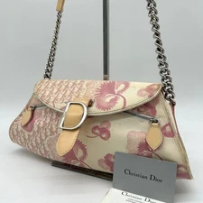Christian Dior Floral Shoulder Bag Pink White Canvas Leather Rare Japan F/S USED