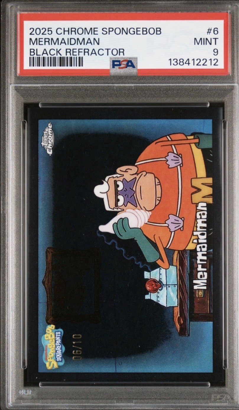 2025 TOPPS CHROME SPONGEBOB  6 MERMAIDMAN BLACK REFRACTOR 06/10 PSA 9