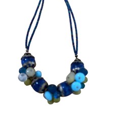 Blue Multi Strand Seed Bead Statement Necklace Toggle Clasp Artisan Layering
