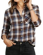 Womens Plaid Button Down Shirt Long Sleeve Cotton Blend Lightweight Casual Top
