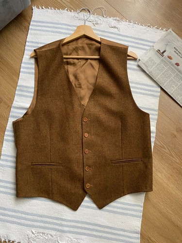 Valentino Uomo Men Vintage Brown Wool Tweed Waistcoat Monogram Logo Vest Size XL