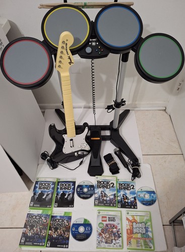 Xbox 360 Rock Band 1, 2, 3, Mic, Drum Set, Guitar, 5 Games Bundle Set, TESTED