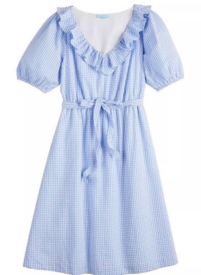 New dress Draper James RSVP V neck  blue white check puff sleeves cotton 3X