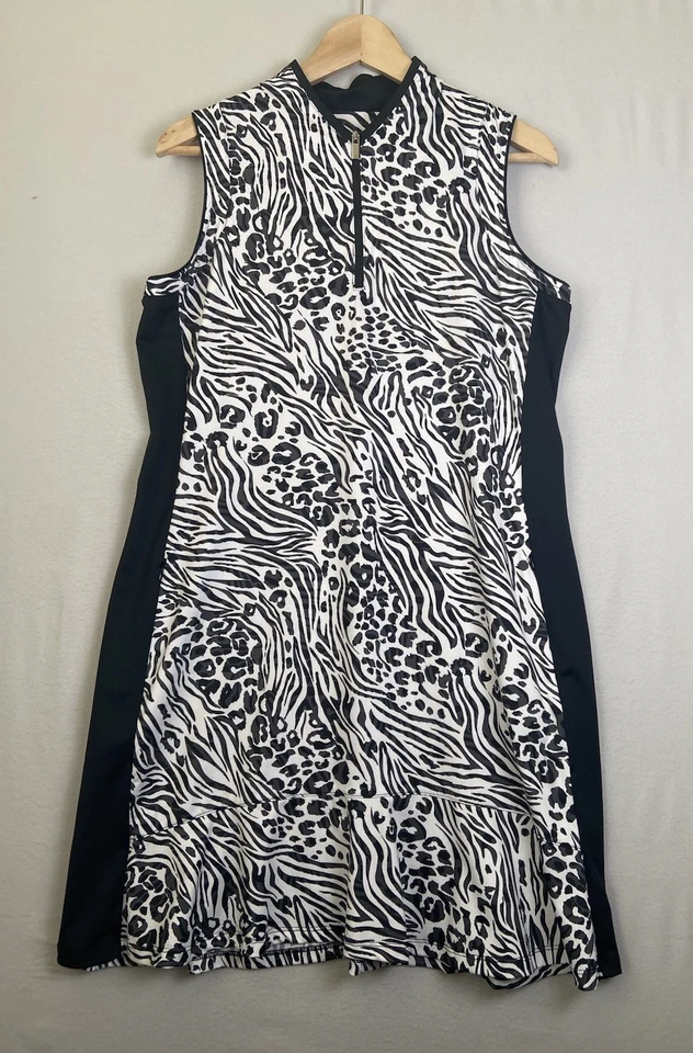 Vestido de golf Tail Lillie Activewear negro blanco animal 1/4 cremallera sin mangas bolsillo L Foto 2 de 4