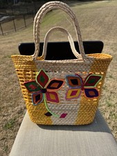 Handmade Mexican Woven Palm Tote Bag with Colorful Floral Embroidery 13x13x6