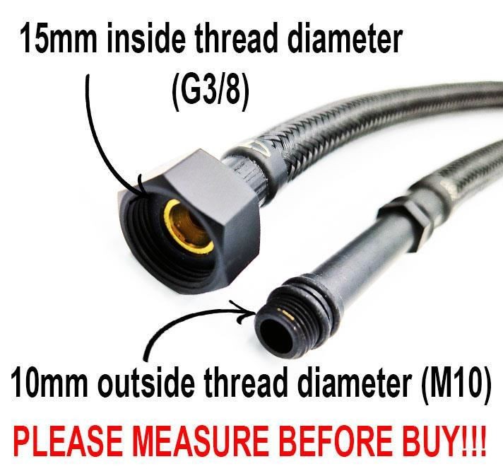 2 x 40-80cm M10 x G3/8 Black Nylon Braided Flexible Tap Tails Hose