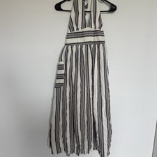 Urban Outfitters White Gray Striped Halter A-Line Long Dress Pockets Linen M-M