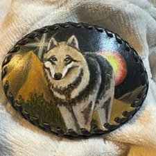OVAL LEATHER BELT BUCKLE WITH WOLF/ Coyote Mountain Star Moon DESIGN