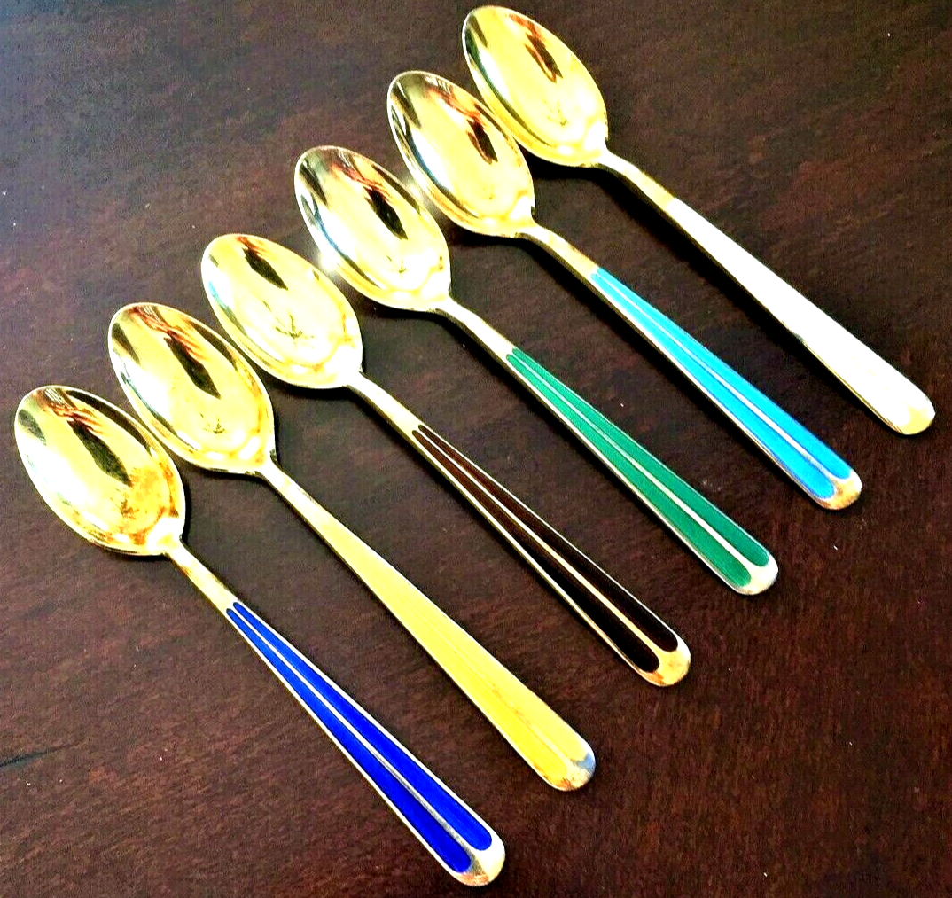 SUPERB Vintage Sterling Silver Art Deco Gilt Enamel Spoons Set  Norway