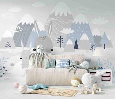 3D Tree Rabbit Grass Cloud Sky Self-adhesive Removeable Wallpaper Wall Mural 546