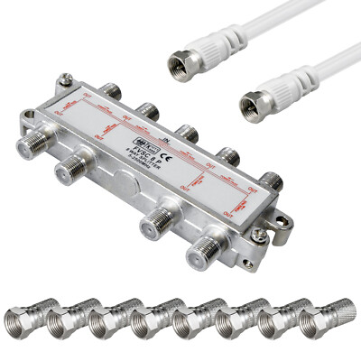 8-fach SAT Verteiler + 8 F-Stecker für 7mm Kabel Ø + 20cm 100dB TV Splitter DVBT