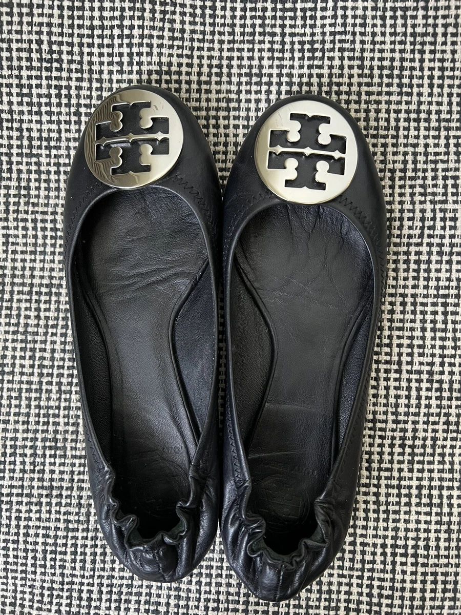 Authentic Tory Burch Black Reva Leather Ballet Flats Silver