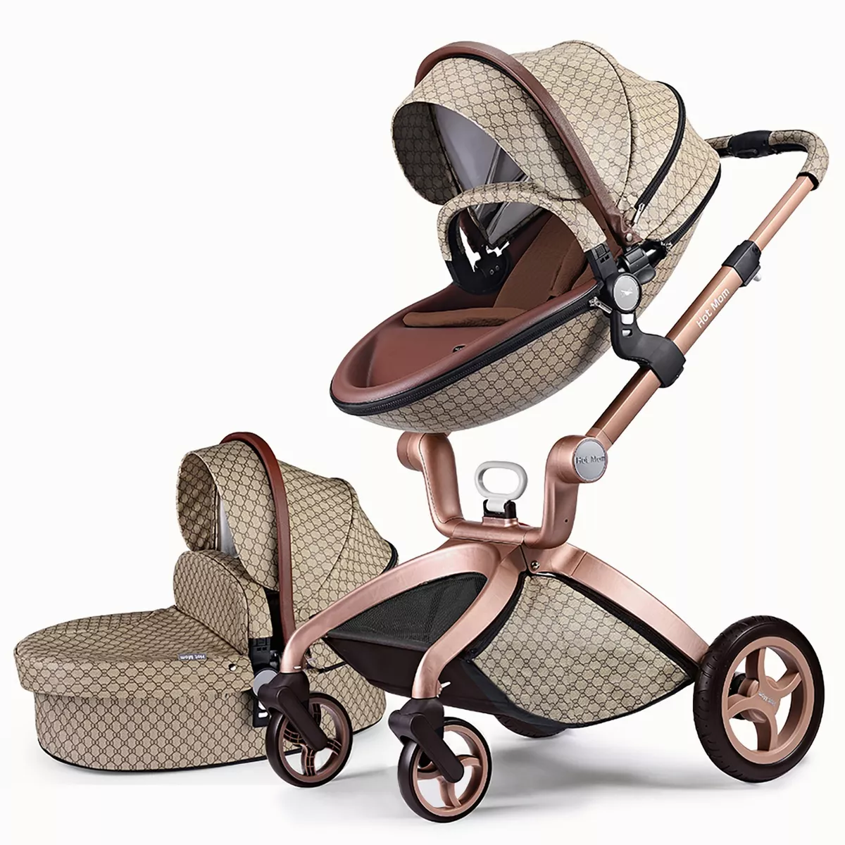 Leather Grid Hot Mom Stroller High Landscape Folding Chair Luxury Pram with Bassinet