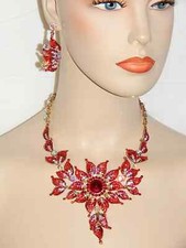 Red Sunflower W.SB Rhinestone Crystals Necklace and Earrings Bridal Set