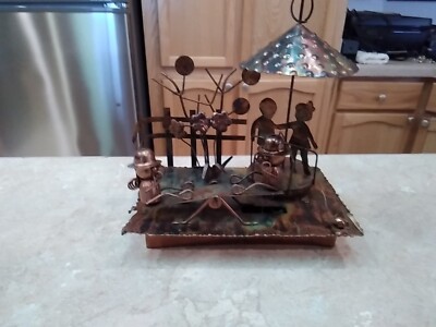 VINTAGE COPPER PARK SETTING MUSIC BOX~Seesaw Moves Up & Down~Carousel Turns