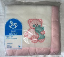 Vintage 90s CUDDLE TIME Baby Blanket 36  x 45  Irregular Polyester Pink Bear