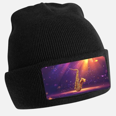 Unisex Cotton Black Saxophone Shiny Lights Motif Beanie Hat