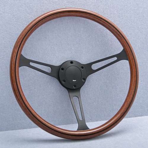 Classic 380mm Mahogany Wood Steering Wheel with Black Finish - Picture 2 of 11