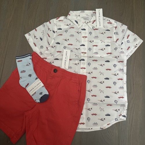 NWT Janie and Jack boy 3-piece vehicle shirt red shorts sock SPRING SUMMER set 7