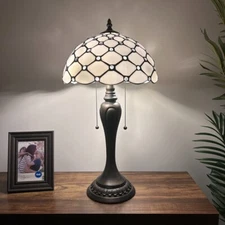 Tiffany Style Table Lamp White Stained Glass Crystal Bean LED Bulbs 12'W12"D22”H