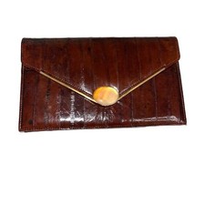 Vintage Clutch Brown Eel Skin Print Chain Gold Hardware Shoulder Bag Womens