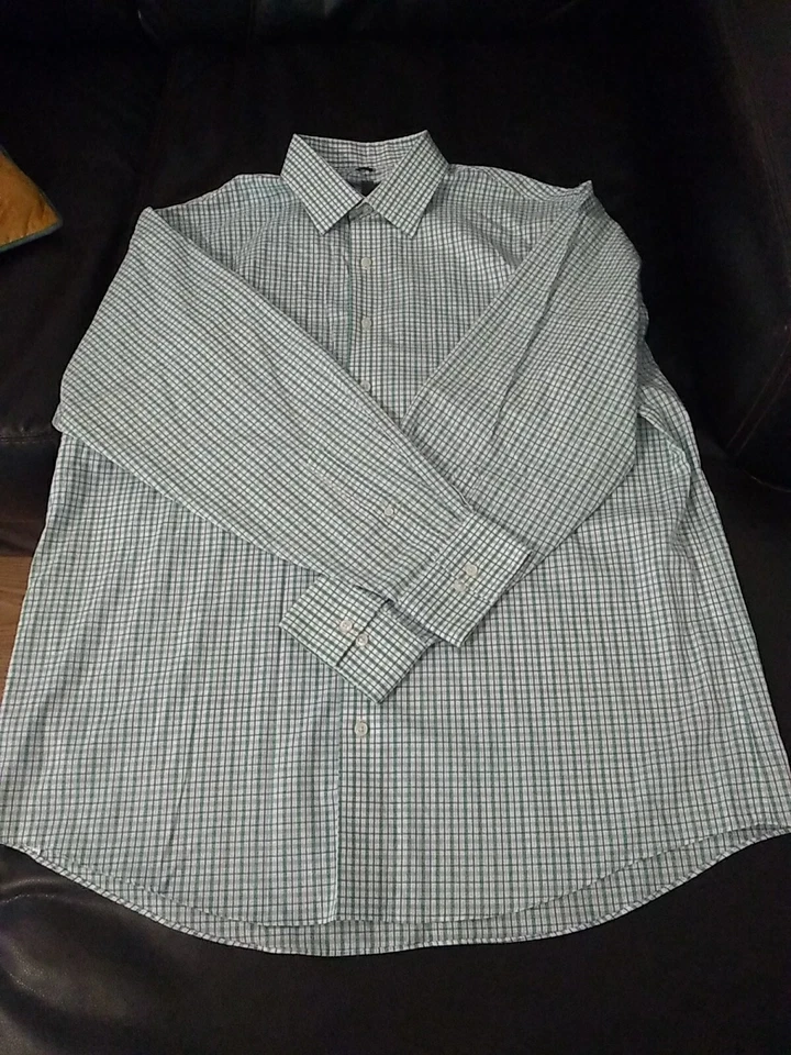 Рубашка Kenneth Cole Reaction клетчатая зеленая белая на пуговицах 17,5 дюйма 34–35 длинные рукава - Изображение 3 из 4