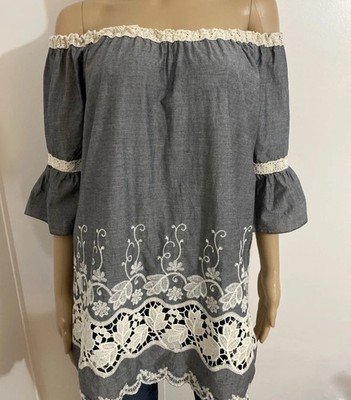 MIRROR IMAGE Gray Romantic Small Off The Shoulder Lace 3/4 Bell Sleeve Woman Top
