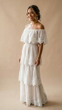 New! Show Me Your MuMu LANA Off Shoulder White Lace Tiered Midi Dress small