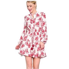 AAKAA Red Floral Long Sleeve Mini Dress Womens Large L Button Front Tie Waist