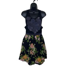 Vtg FREE PEOPLE Black Dark Floral Wool Fit Flare Dress Y2K Twee Boho Chic Sz L