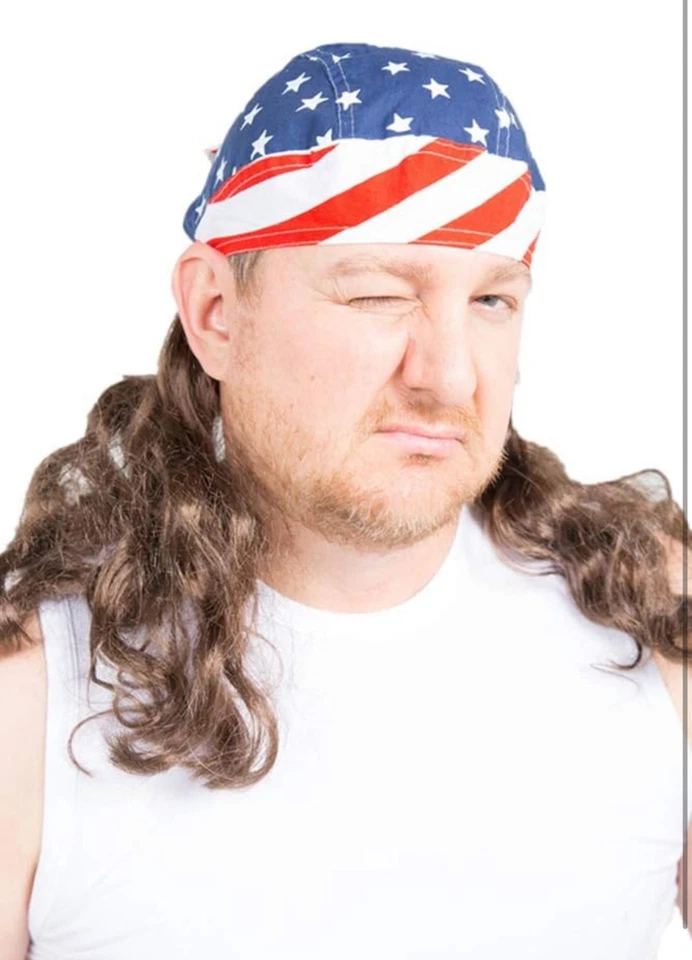 ¡Divertido! Peluca Disfraz Grupo Mullet Calavera Gorra Temática Fiesta Bandera Americana El Freebird Foto 3 de 4