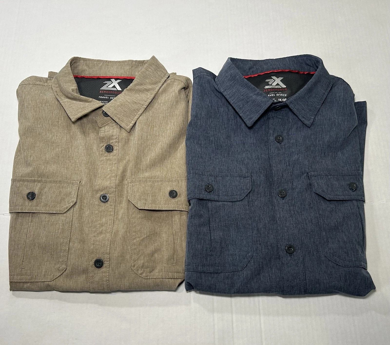 Lot Of 2 Zeroxposur Fishing Camp Shirts Men’s Blue Tan Outdoor Quick Dry Medium