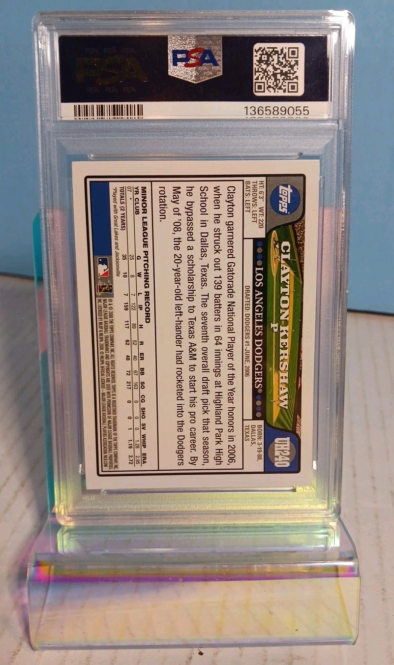 2008 TOPPS UPDATE & HIGHLIGHTS #UH240 CLAYTON KERSHAW ROOKIE RC PSA 8 view 3
