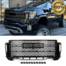 Gloss Black Front Grille W/ Camera Hole For 2020-2023 GMC Sierra 2500 HD Denali