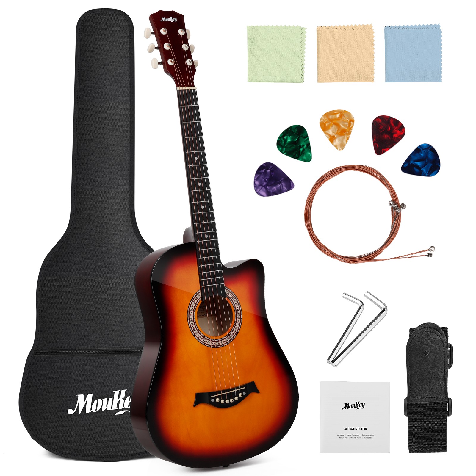 Moukey EAG-100 38" Acoustic Guitar Sunburst Dreadnought for Beginner Youth Adult