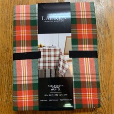 Ralph Lauren Tartan Plaid Oblong Tablecloth 60x84 Red Green Cotton Rectangular