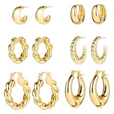 HILXURY Gold Chunky Hoop Earrings Set for Women, 14K Medium, 6 gold hoops